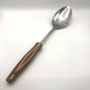 Vintage Ekco Stainless Steel Serving Spoon Faux Wood Grain Handle Made in USA